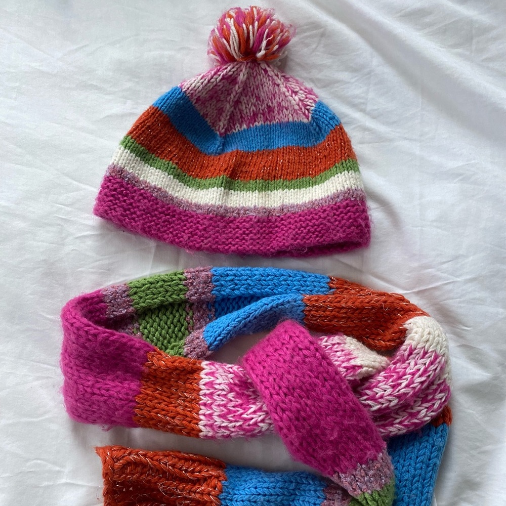 Colorful, happy Pom hat and scarf